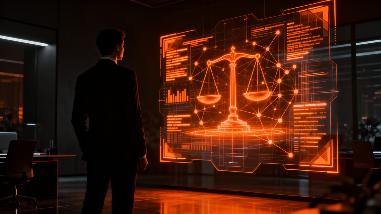 Estratega legal analizando datos de inteligencia artificial para la toma de decisiones en el sector legaltech.