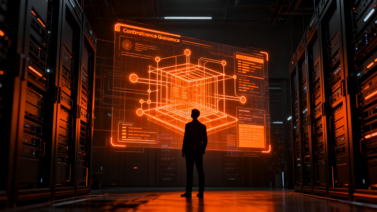Líder empresarial supervisando gobernanza de datos e infraestructura de IA operativa para 2026.