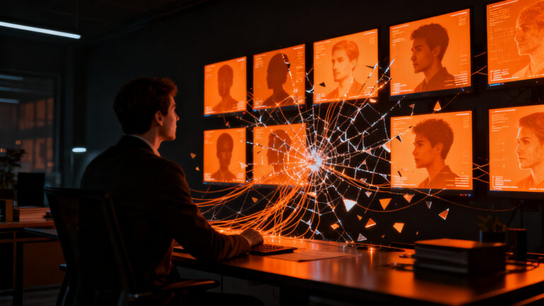 Representación visual de agentes de IA creando identidades falsas y los riesgos de ciberseguridad para startups.