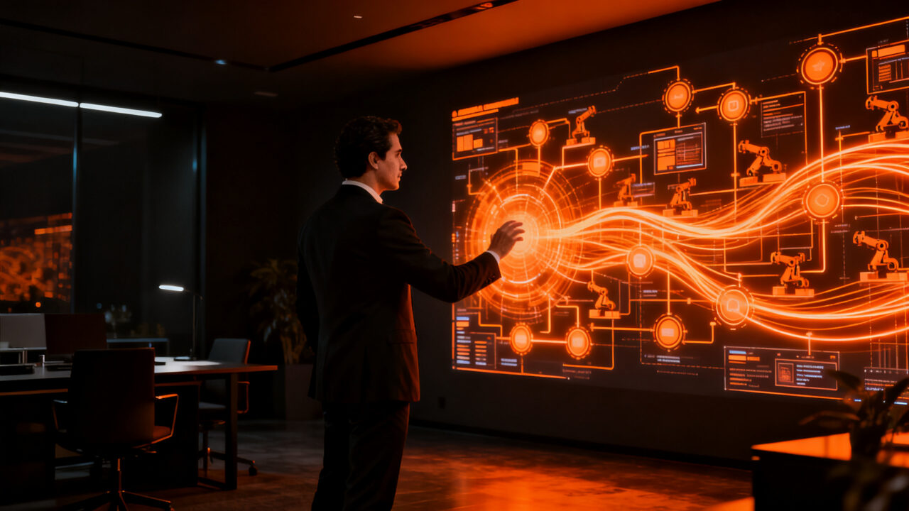 Empresario mexicano analizando datos de automatización con inteligencia artificial en un entorno digital avanzado.