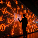 Estratega de marketing supervisando redes de influencers mediante IA, concepto de verificación humana en la toma de decisiones automatizadas.