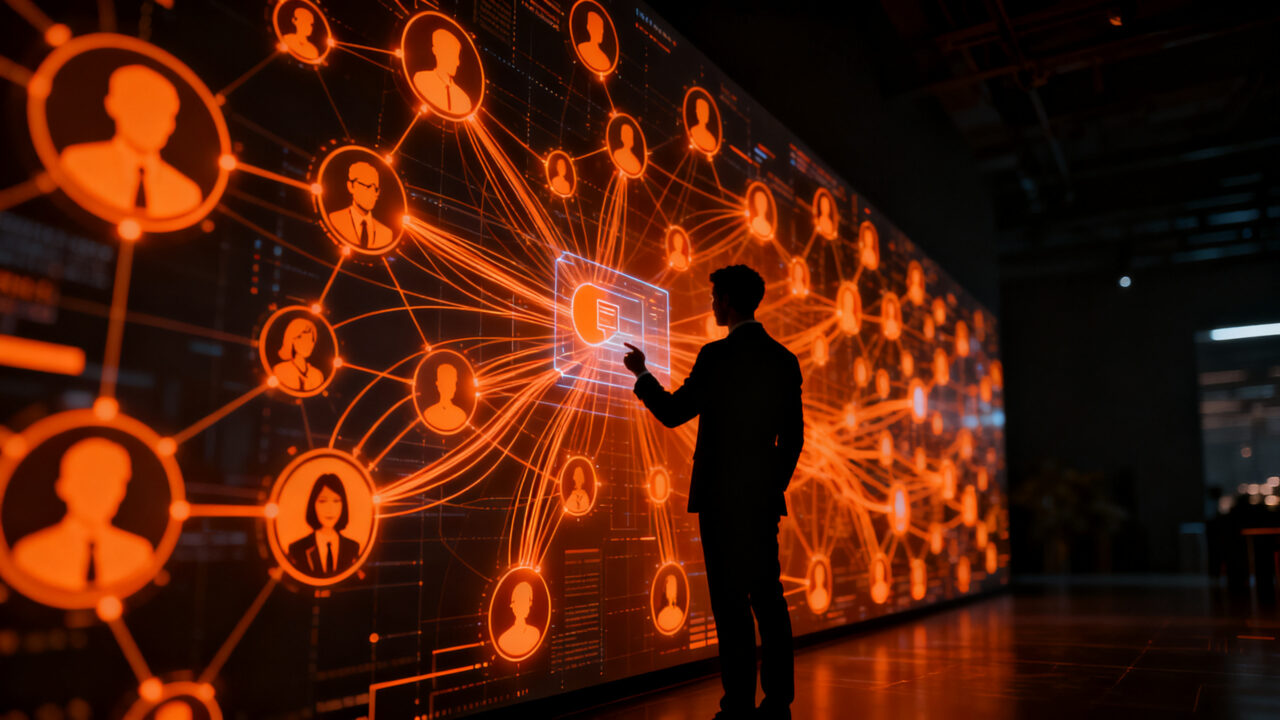 Estratega de marketing supervisando redes de influencers mediante IA, concepto de verificación humana en la toma de decisiones automatizadas.
