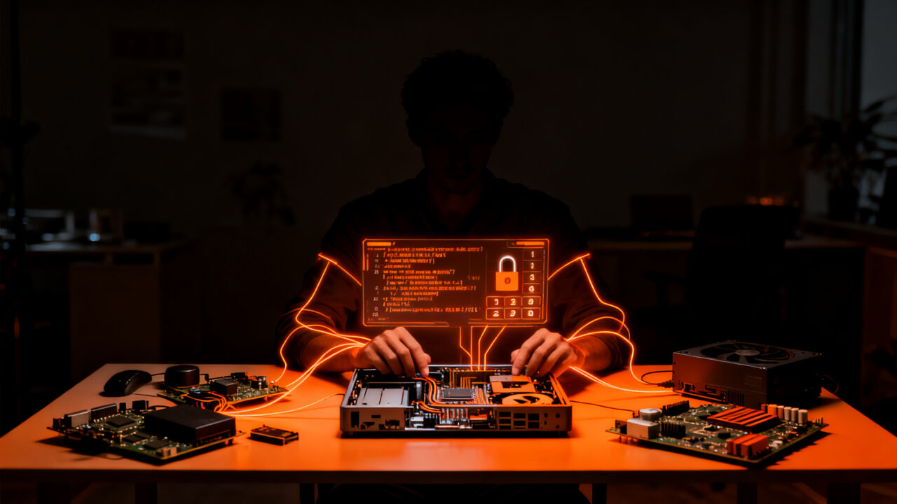 Ingeniero utilizando inteligencia artificial para hackear y liberar firmware de dispositivos IoT, representando el derecho a reparar y la seguridad de hardware.