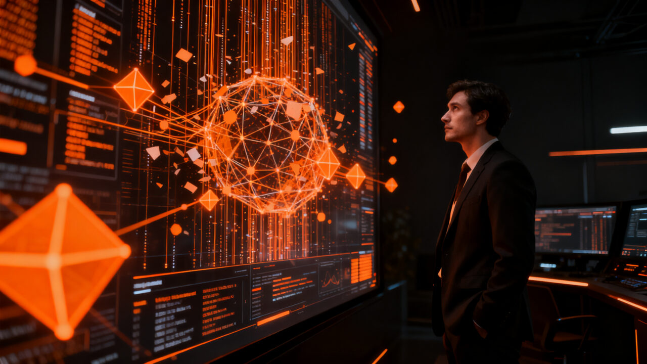Estratega de marketing analizando datos de IA en un entorno digital de alta tecnología, representando la brecha entre automatización y confianza en el branding.