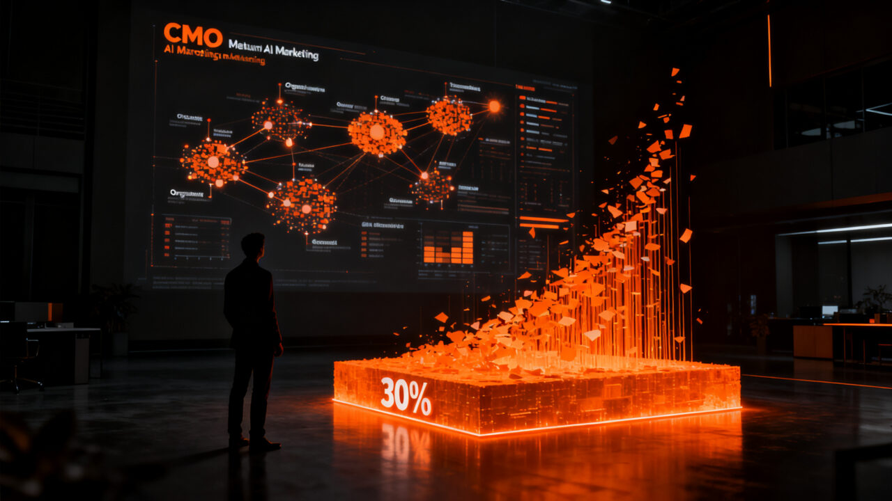 CMO analizando datos de IA en marketing para lograr ROI empresarial, representando la brecha de madurez organizacional en tecnología.