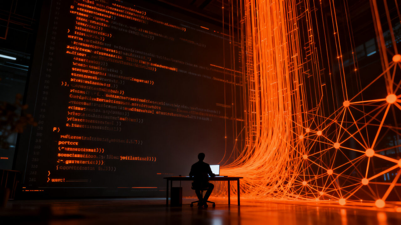 Desarrollador de software observando la automatización de la IA en GitHub, simbolizando la tensión entre productividad y la falta de innovación real en el ecosistema tech.