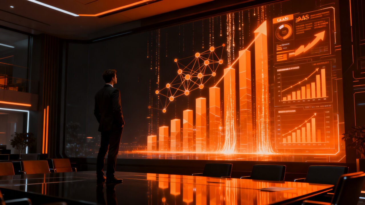 Líder empresarial analizando el impacto de la inteligencia artificial y SaaS en el mercado bursátil moderno.