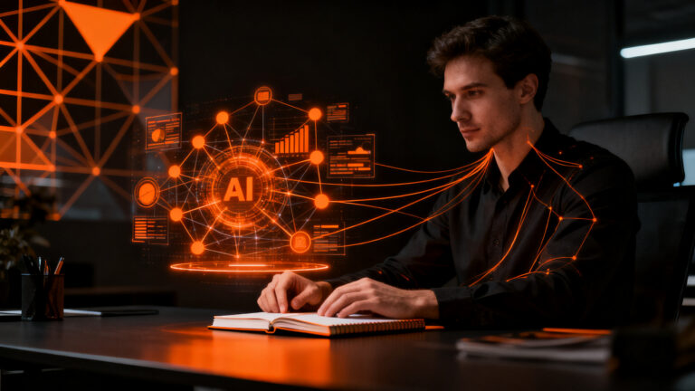 Emprendedor trabajando con inteligencia artificial en una pyme, equilibrando la automatización tecnológica con la creatividad humana.
