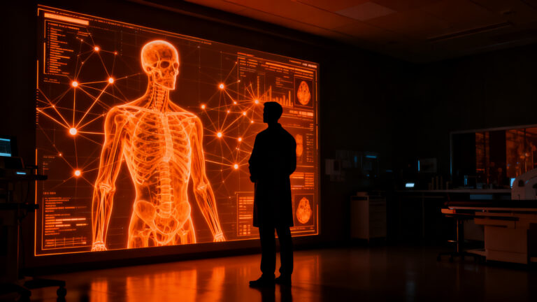 Un radiólogo analizando imágenes médicas con IA, representando la colaboración humana y tecnológica en salud.