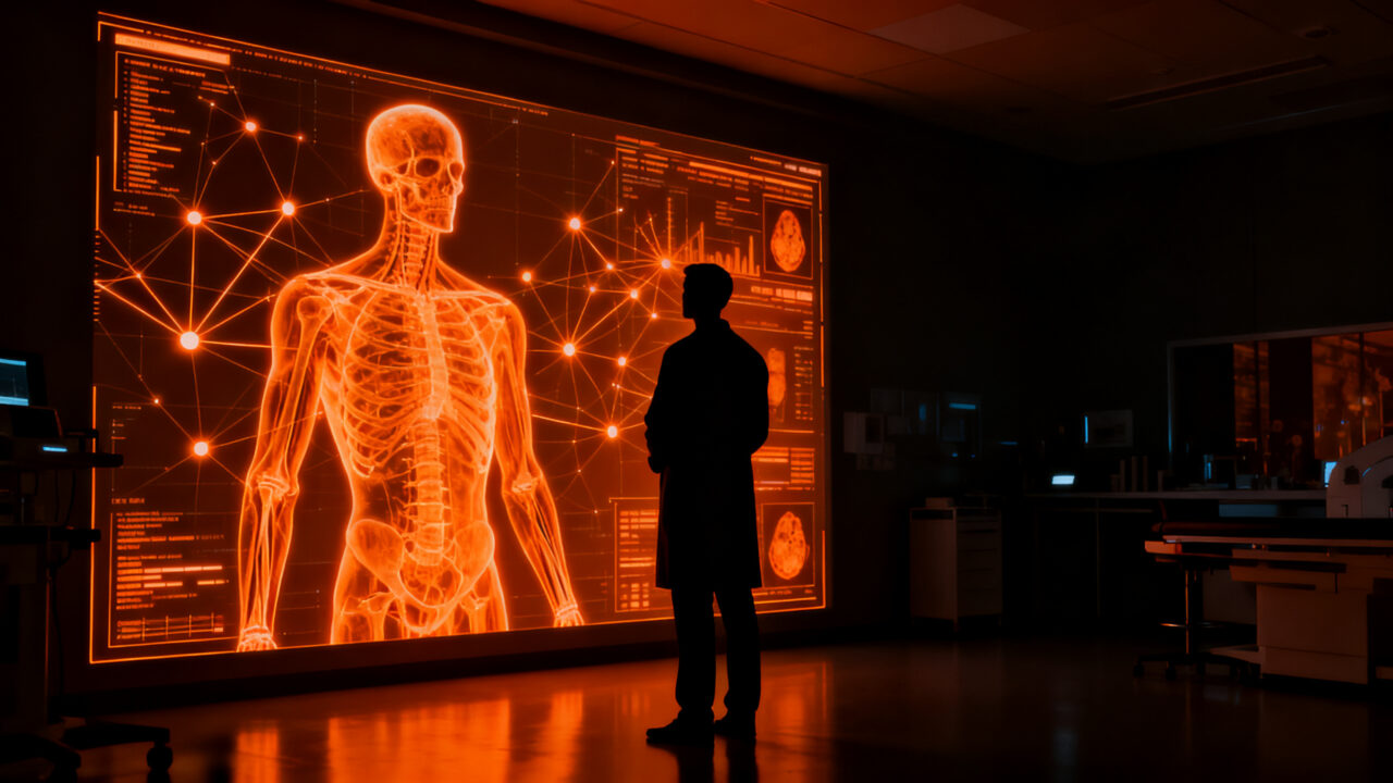 Un radiólogo analizando imágenes médicas con IA, representando la colaboración humana y tecnológica en salud.