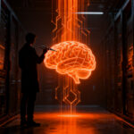 Especialista analizando una red neuronal simplificada, representando el equilibrio entre razonamiento y conocimiento en modelos de IA.