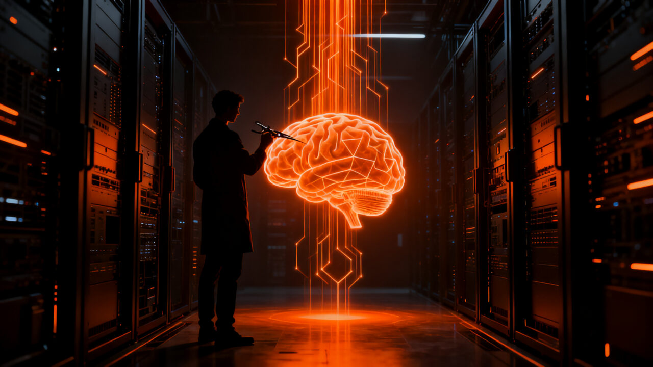 Especialista analizando una red neuronal simplificada, representando el equilibrio entre razonamiento y conocimiento en modelos de IA.