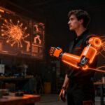 Emprendedor utilizando exoesqueleto robótico junto a una interfaz de IA, representando la sinergia entre humanos y tecnología avanzada.