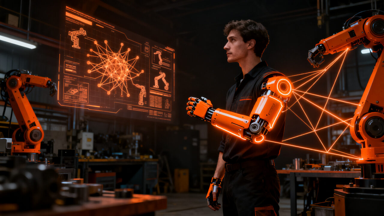 Emprendedor utilizando exoesqueleto robótico junto a una interfaz de IA, representando la sinergia entre humanos y tecnología avanzada.