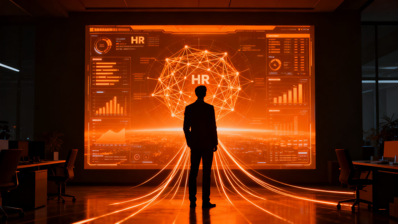 Profesional en entorno corporativo interactuando con una interfaz de IA, representando la adopción tecnológica en RRHH en España.