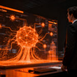 Transformación digital en el sector insurtech mediante IA, mostrando un agente autónomo gestionando datos complejos de seguros.