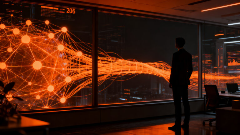 Profesional con perfil híbrido analizando datos de IA, representando la integración del talento humano y la transformación digital en las empresas del futuro.