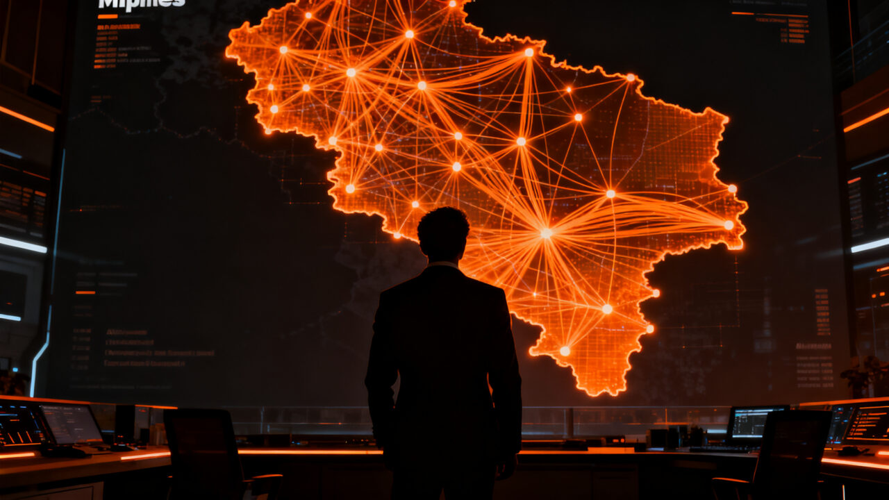 Director de tecnología observando una red neuronal sobre el mapa de Colombia, simbolizando la transformación digital de las mipymes en ANDICOM 2026.