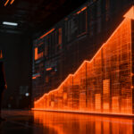 Un ejecutivo analizando proyecciones financieras complejas sobre una red neuronal, representando la transformación de la IA en ventaja competitiva en el sector bancario.