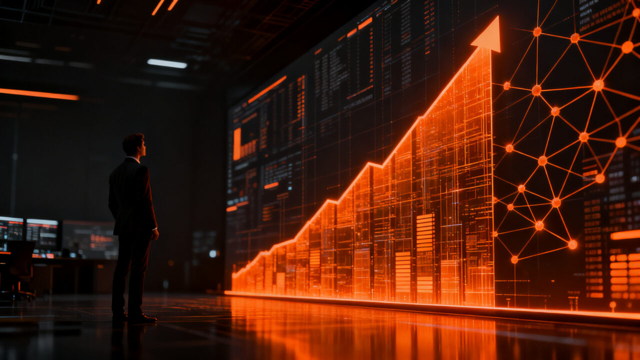 Un ejecutivo analizando proyecciones financieras complejas sobre una red neuronal, representando la transformación de la IA en ventaja competitiva en el sector bancario.