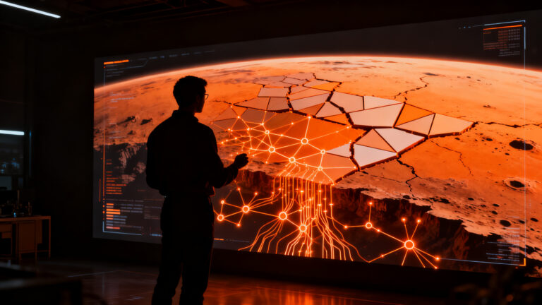 IA de visión artificial analizando patrones en Marte, representando el uso de machine learning para el análisis de datos masivos en startups.
