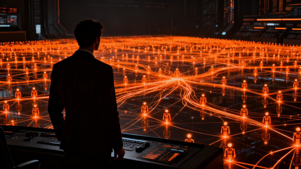 Agentes de inteligencia artificial trabajando en una red digital, simbolizando la transformación digital y la automatización empresarial en startups.
