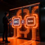 Ingeniero analizando un procesador de mainframe de arquitectura dual IBM Z y Arm para infraestructura empresarial de IA.