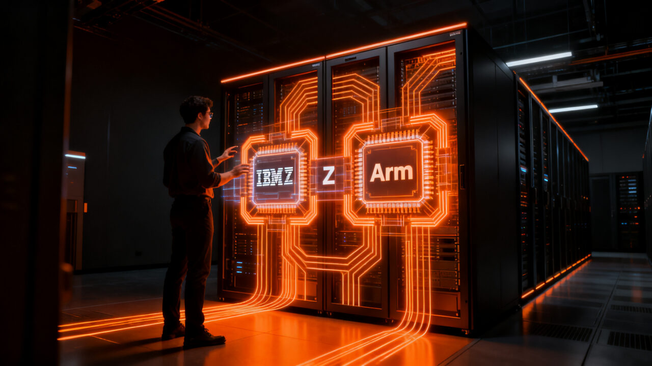 Ingeniero analizando un procesador de mainframe de arquitectura dual IBM Z y Arm para infraestructura empresarial de IA.