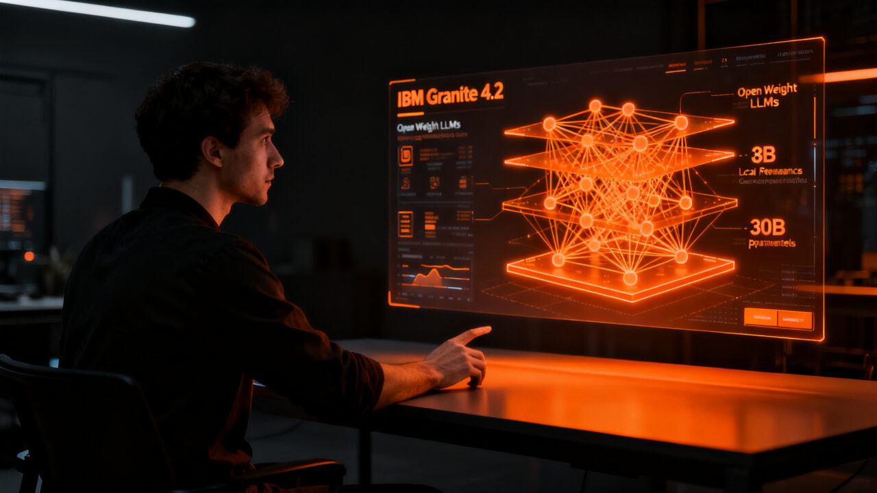 Desarrollador trabajando con modelos de inteligencia artificial IBM Granite 4.2 en un entorno de desarrollo local.