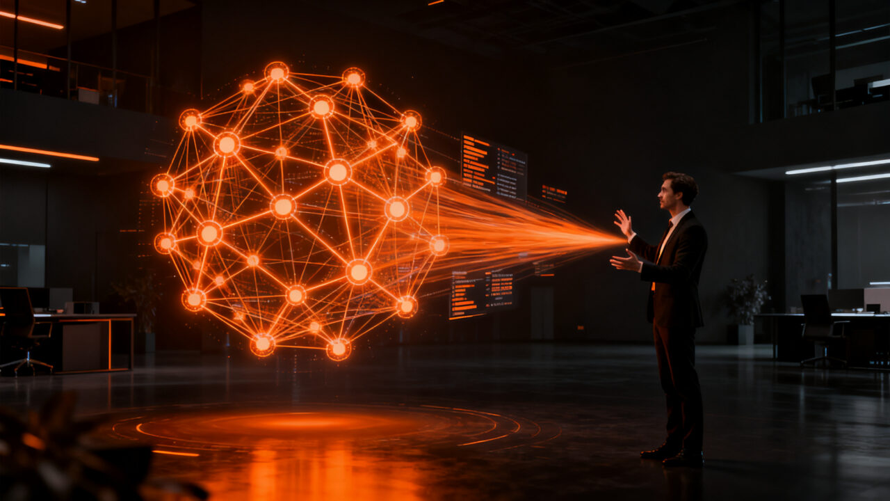 Consultor tecnológico analizando datos de inteligencia artificial empresarial en un entorno digital avanzado.