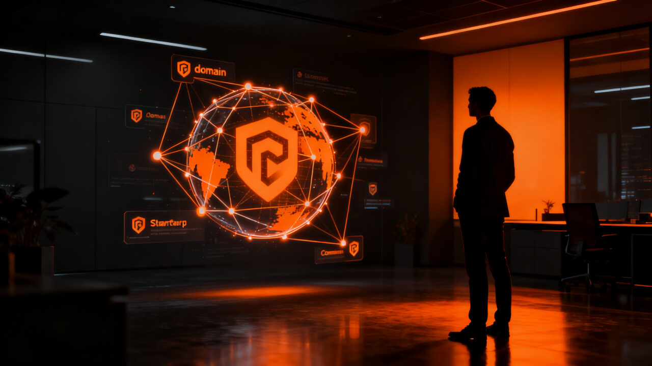 Emprendedor frente a una red de conexiones digitales representando la identidad y presencia web de una startup en LATAM.
