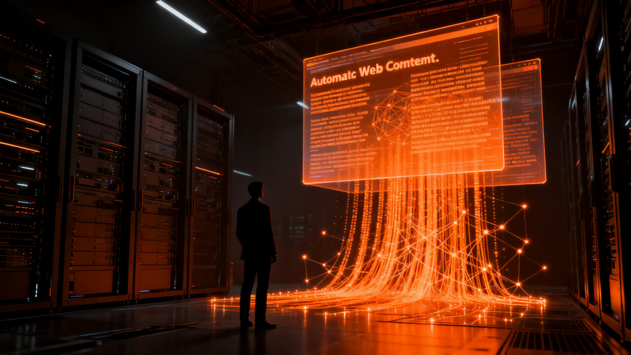 Un analista digital observa una red de datos generativos que transforman el contenido web, representando el auge de la IA en internet.