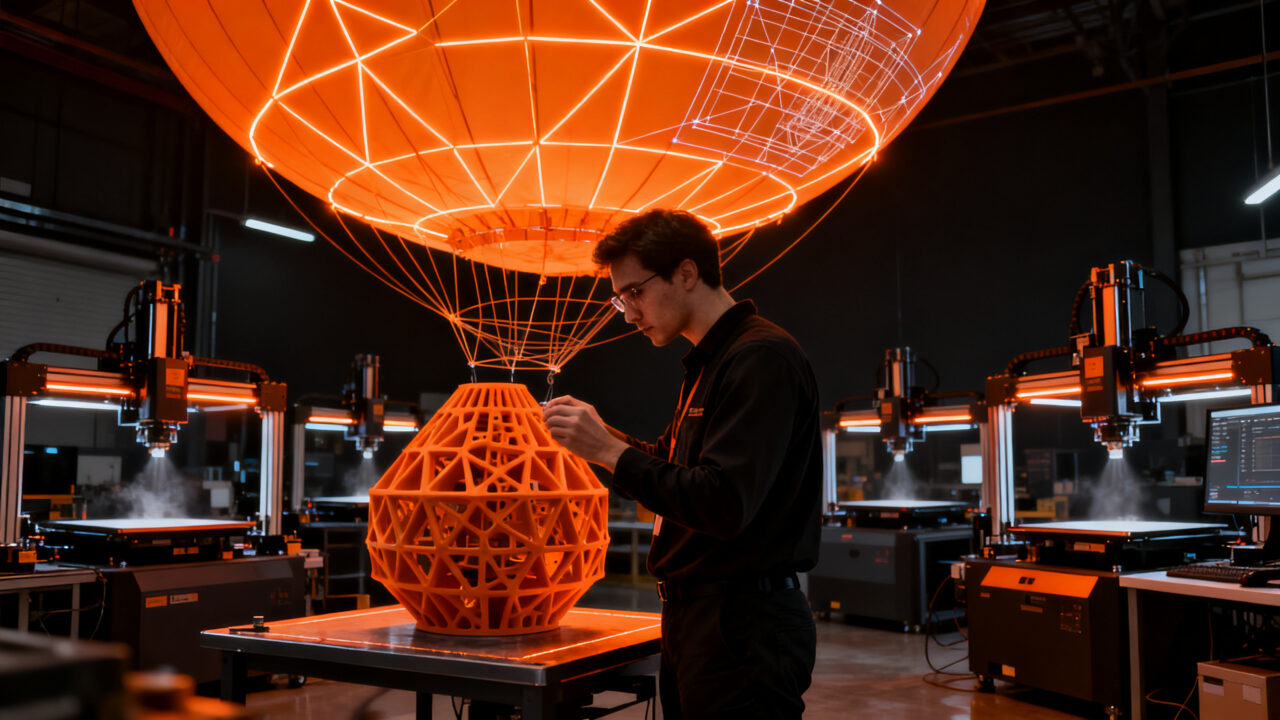 Ingeniero aeroespacial analizando prototipos de impresión 3D para tecnología de globos estratosféricos.