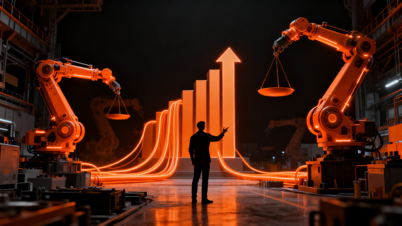 Silueta humana trabajando junto a brazos robóticos, representando la propuesta de Bill Gates sobre impuestos a robots y protección del empleo humano ante la IA.