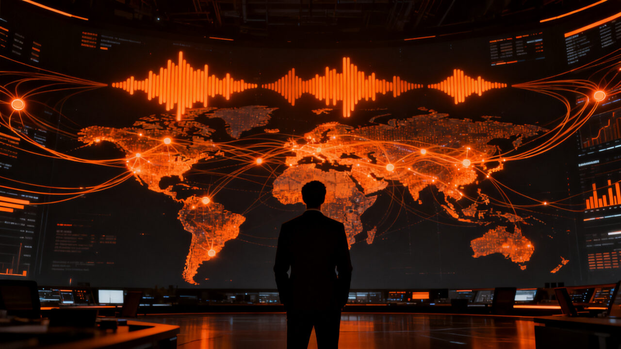 Representación visual de Inceptia AI procesando conversaciones globales con tecnología de voz y automatización inteligente.