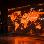 Un emprendedor internacional revisando un mapa digital de conexiones financieras globales, simbolizando el acceso a la banca estadounidense para founders no residentes.