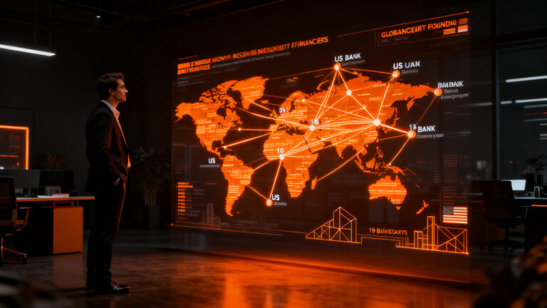 Un emprendedor internacional revisando un mapa digital de conexiones financieras globales, simbolizando el acceso a la banca estadounidense para founders no residentes.