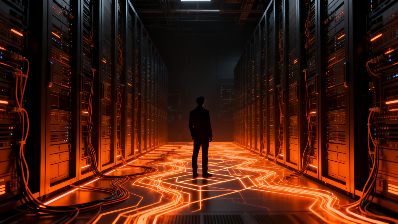 Especialista analizando la eficiencia energética en un centro de datos masivo, representando la transformación digital de la Industria 4.0.