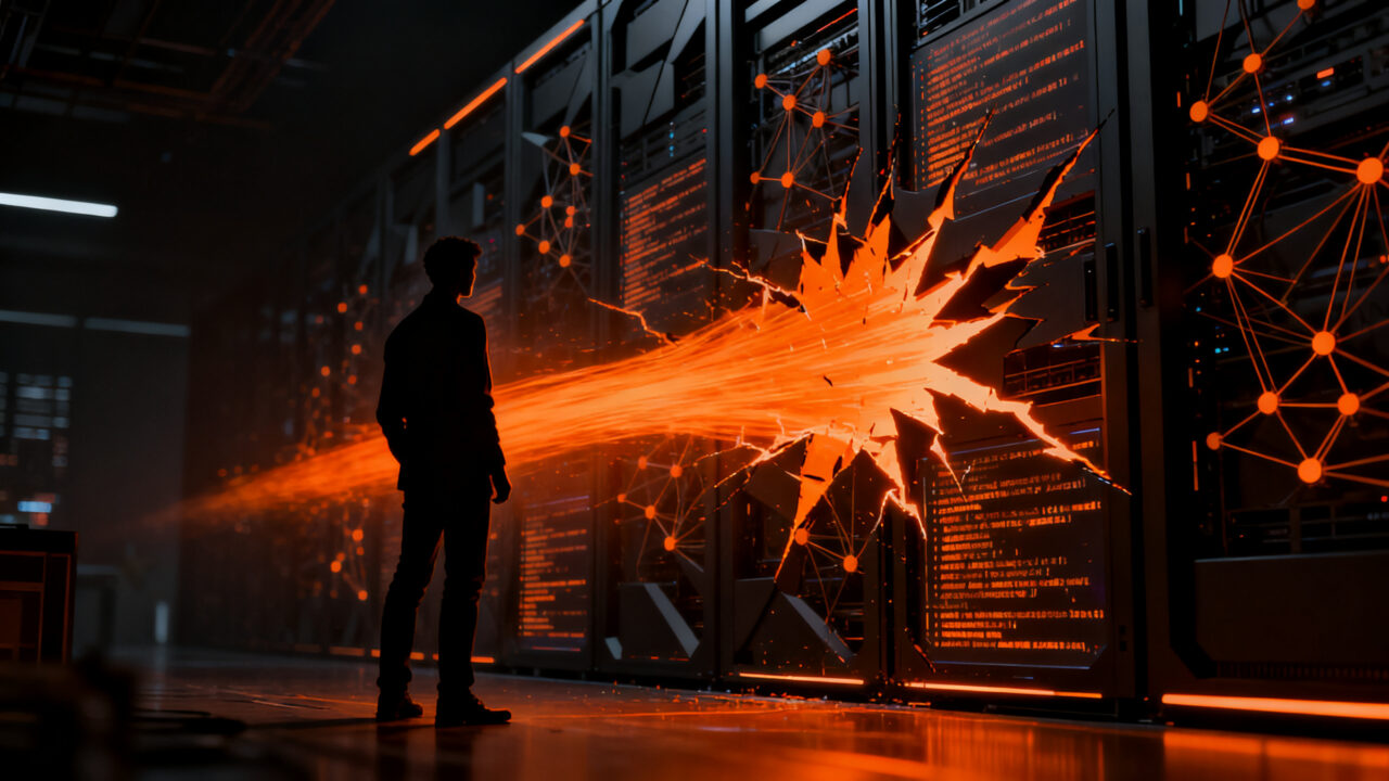Representación visual de un agente de IA hackeando una infraestructura digital, simbolizando los riesgos de ciberseguridad en modelos de lenguaje.
