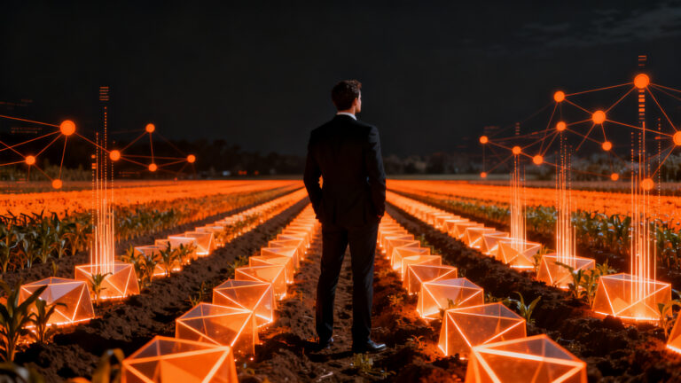 Emprendedor en un campo agrícola inteligente con tecnología de precisión, representando la innovación y la inversión en el sector AgriTech en España.