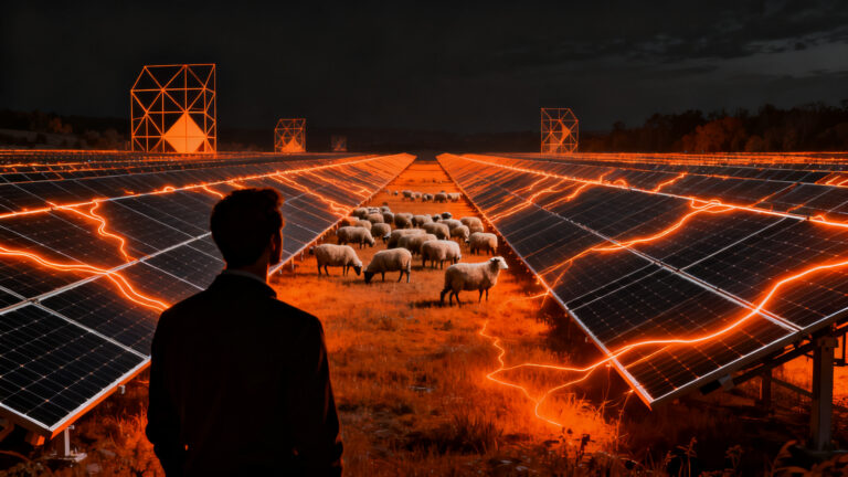 Proyecto agrovoltaico de Volkswagen con ovejas y paneles solares como ejemplo de eficiencia operativa para startups.