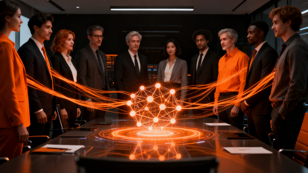 Ejecutivos formando una red de colaboración con agentes de inteligencia artificial para la automatización empresarial.