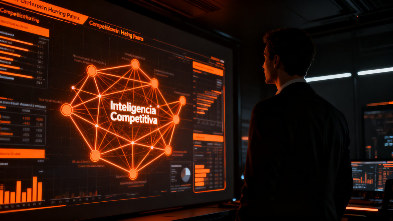 Analista de datos examinando una red de conexiones estratégicas para inteligencia competitiva en startups.