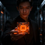 Inversión en hardware para IA: un inversor observa chips de inferencia de alta tecnología en un entorno de innovación.