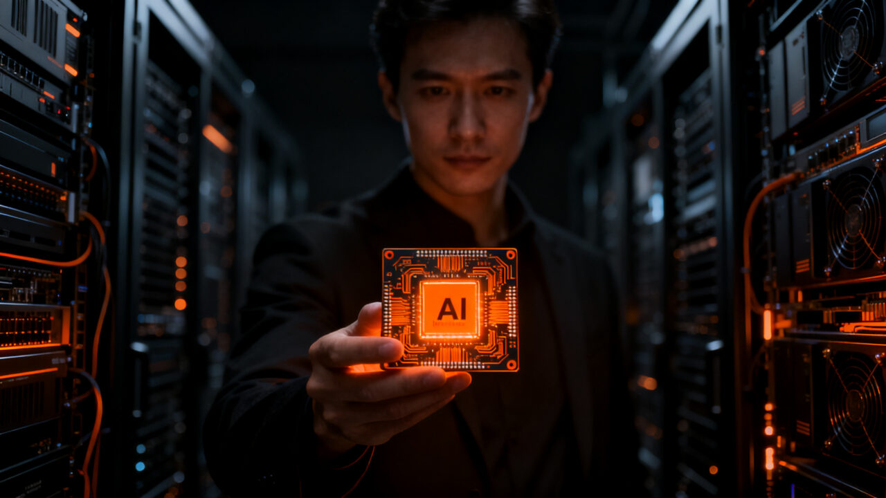 Inversión en hardware para IA: un inversor observa chips de inferencia de alta tecnología en un entorno de innovación.