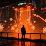 Analista financiero observando gráficos de mercado bursátil y datos de Nvidia en un entorno tecnológico de alto contraste naranja y negro.