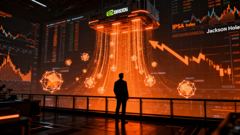 Analista financiero observando gráficos de mercado bursátil y datos de Nvidia en un entorno tecnológico de alto contraste naranja y negro.