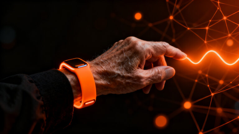 Adulto mayor utilizando una pulsera inteligente con tecnología de voz e inteligencia artificial, mejorando la salud y accesibilidad.