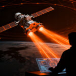 Satélite avanzado con propulsión de plasma ABEP orbitando la Tierra, representando la innovación deeptech de Kreios Space en el sector de defensa y satélites VLEO.