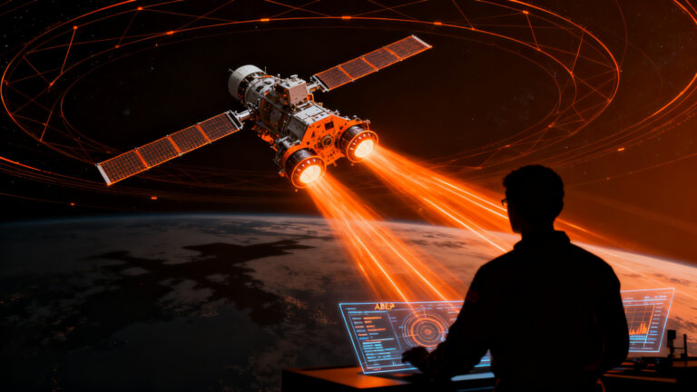 Satélite avanzado con propulsión de plasma ABEP orbitando la Tierra, representando la innovación deeptech de Kreios Space en el sector de defensa y satélites VLEO.